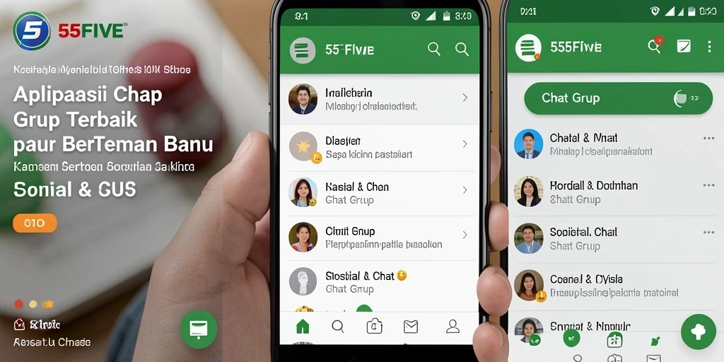 Tampilan antarmuka 55FIVE dengan berbagai fitur chat grup.